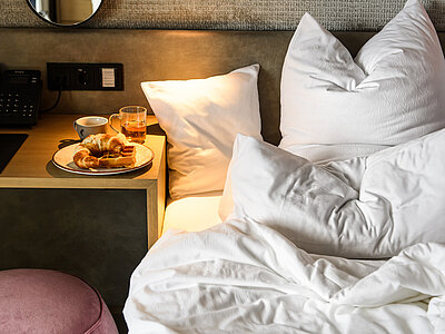 Breakfast in bed in a room at the romantic Hotel Winzer
